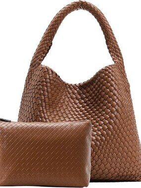 Large Woven Tote Bag with Vegan Leather, Magnetic Closure, Zippered Pouch